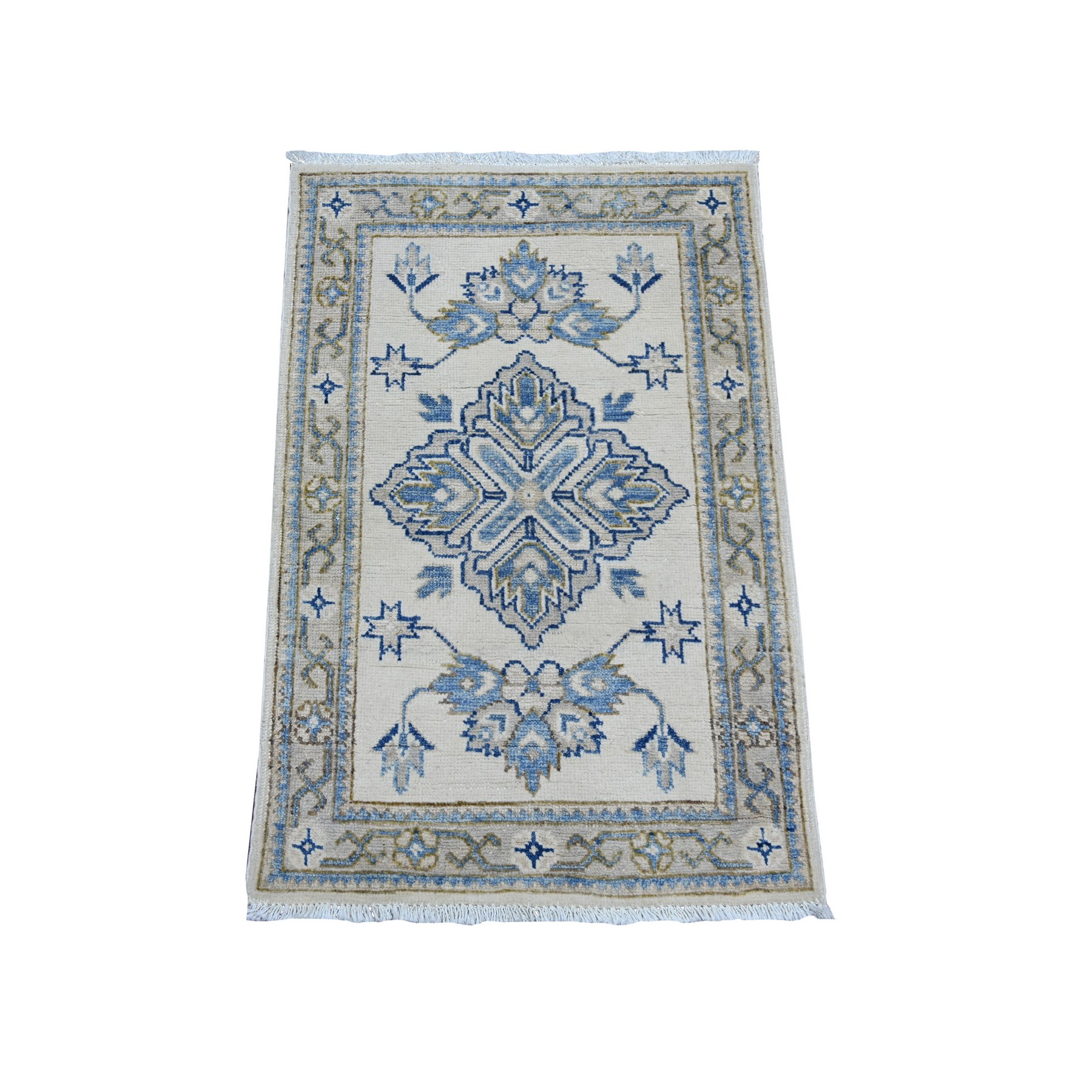 2'x3' Pearl White, Vintage Look Kazak with Tribal Medallion, Hand Knotted, 100% Wool, Natural Dyes, Mat, Sample, Oriental Rug 
